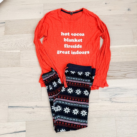 Cozy Zoe Womens Pajama Set Size S Orange Black Long Sleeve Graphic Cozy Holiday - Picture 2 of 8